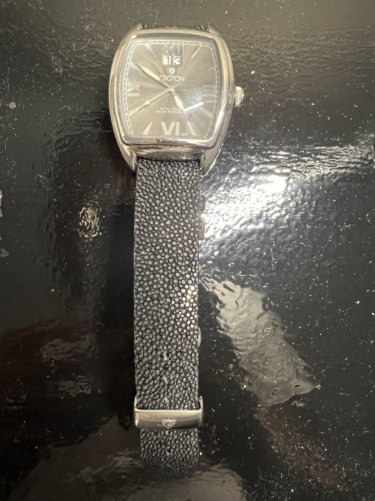 Croton Quartz Tonneau Wristwatch Black Dial Date 5 ATM Silver Steel Leather