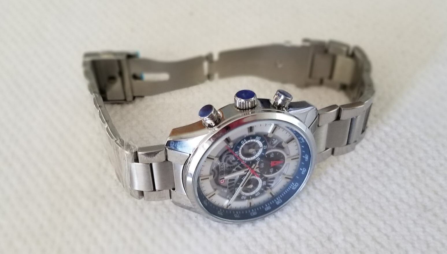 NWT Curren Silver Tone Chronograph Date Watch Link Band 8″ Max Size New Battery