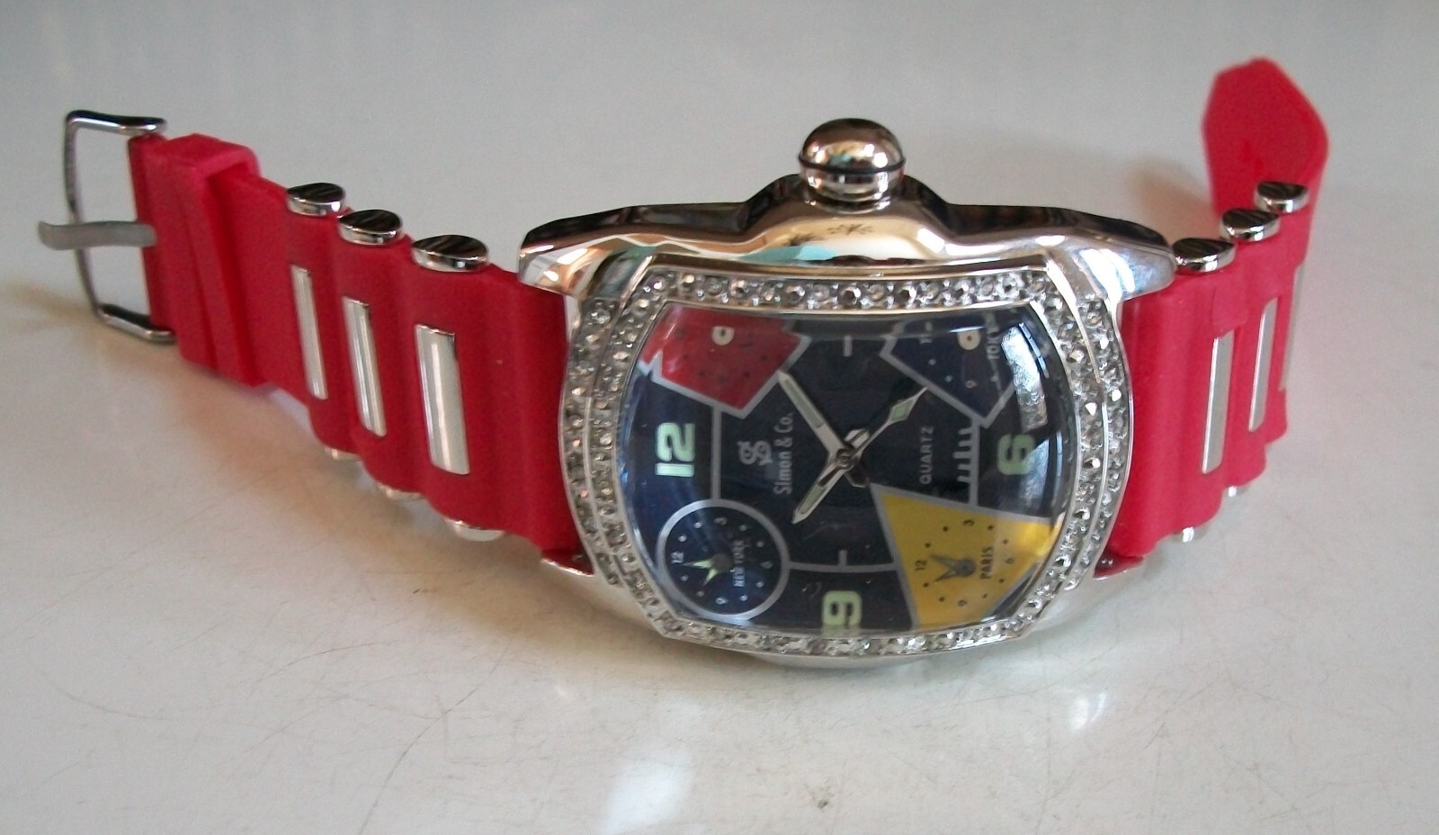 Men’s Silver Trim Multicolor Dial Red Silicone Band Fashion Dressy Hip Hop Watch