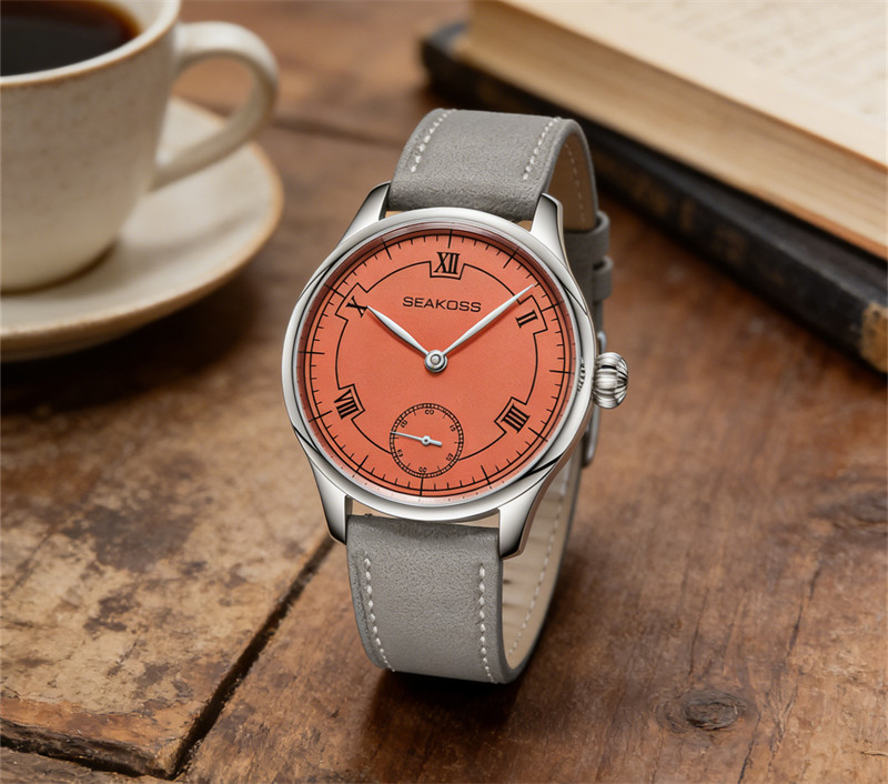SEAKOSS Manual Wind Mechanical Watch Orange Roman Dial Small Seconds Gray Leathe