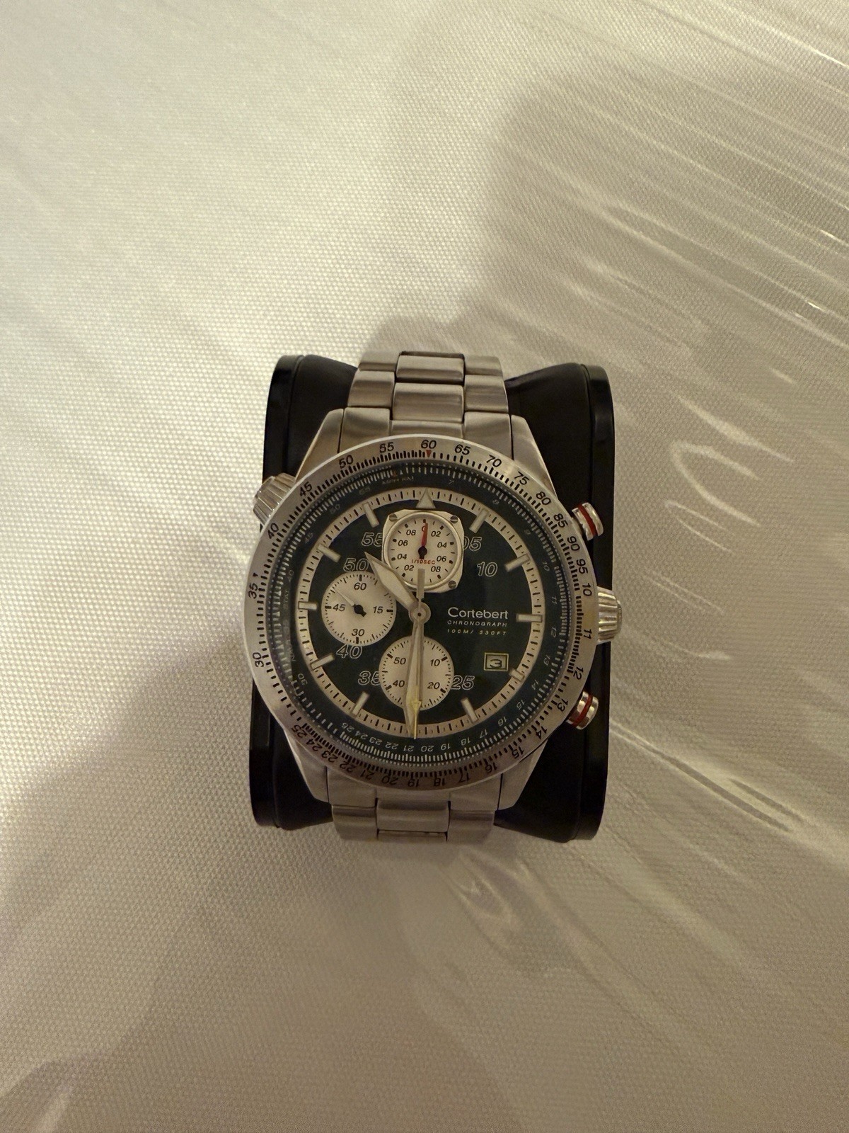 Cortébert Chronograph Quartz Green Dial Date Slide Rule 100m 44mm SS Bracelet