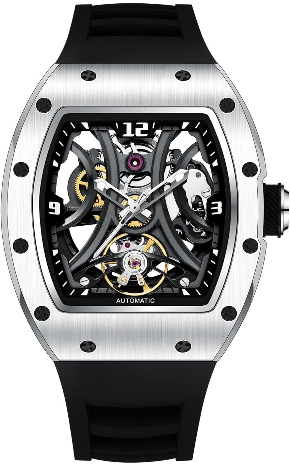 Paras Crown Automatic Stainless Case Silicone Strap Mens Watch