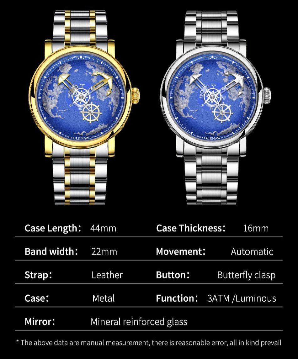 GLENAW Men’s Automatic Mechanical Watch Navigator Series Earth Dial Luminous