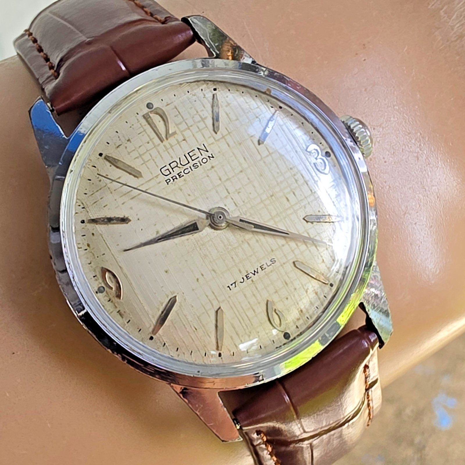 Vintage GRUEN men’s manual wind watch 542Rss Linen dial swiss 1960s