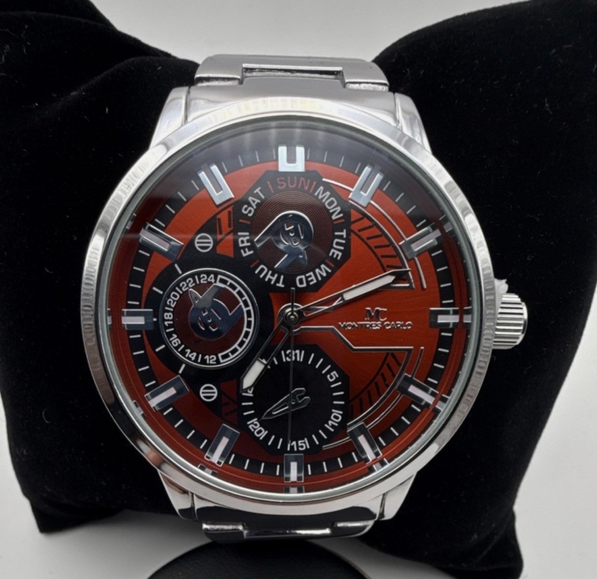 🔥Montres Carlo 5715 Men’s Red Black Dial Stainless Steel Watch Day Date 24 HOUR