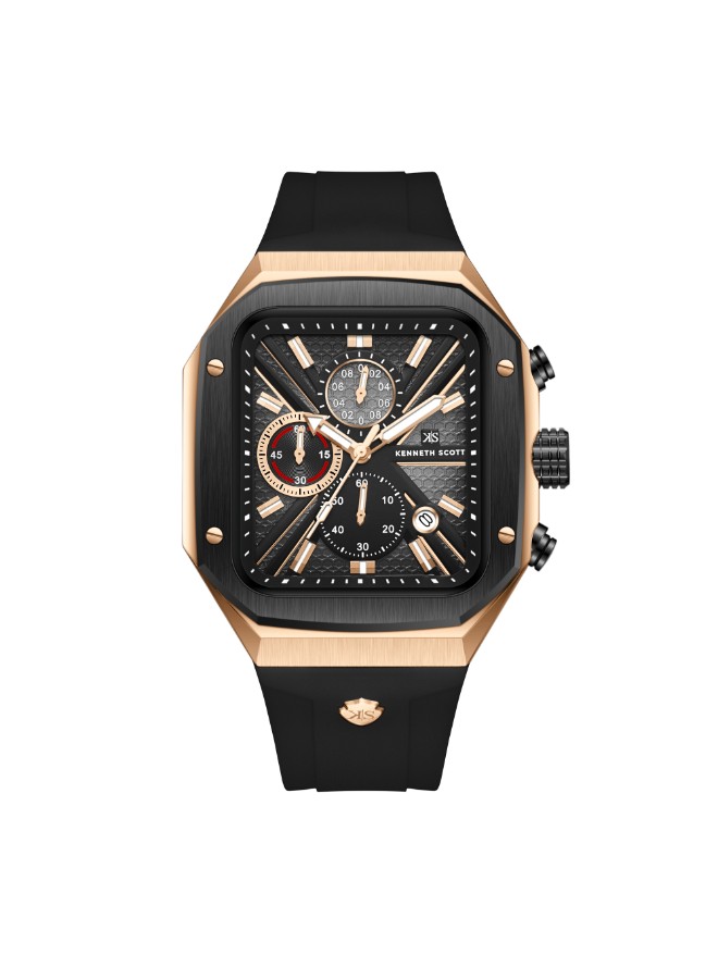 Kenneth Scott Men’s Chronograph Watch | Black Dial, Rose Gold Case, 44mm