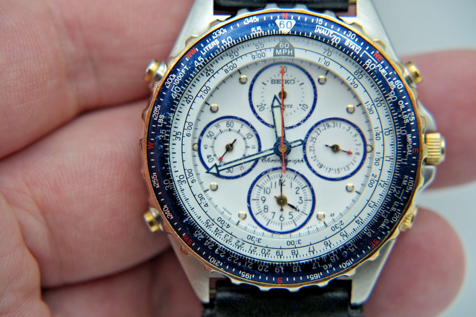 Vintage Seiko Flightmaster 7T34-6A09 quartz Chronograph men’s wristwatch read