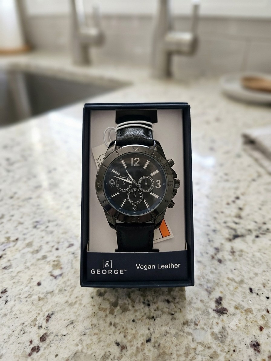 George Vegan Leather Chronograph Quartz Men’s Watch 44mm Black w/ Box