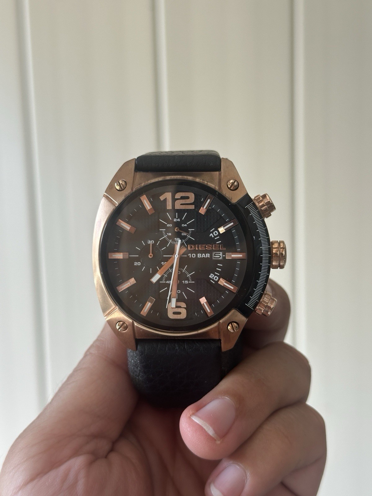 Diesel Men’s Chronograph Watch 10 BAR Rose Gold Case Black Leather