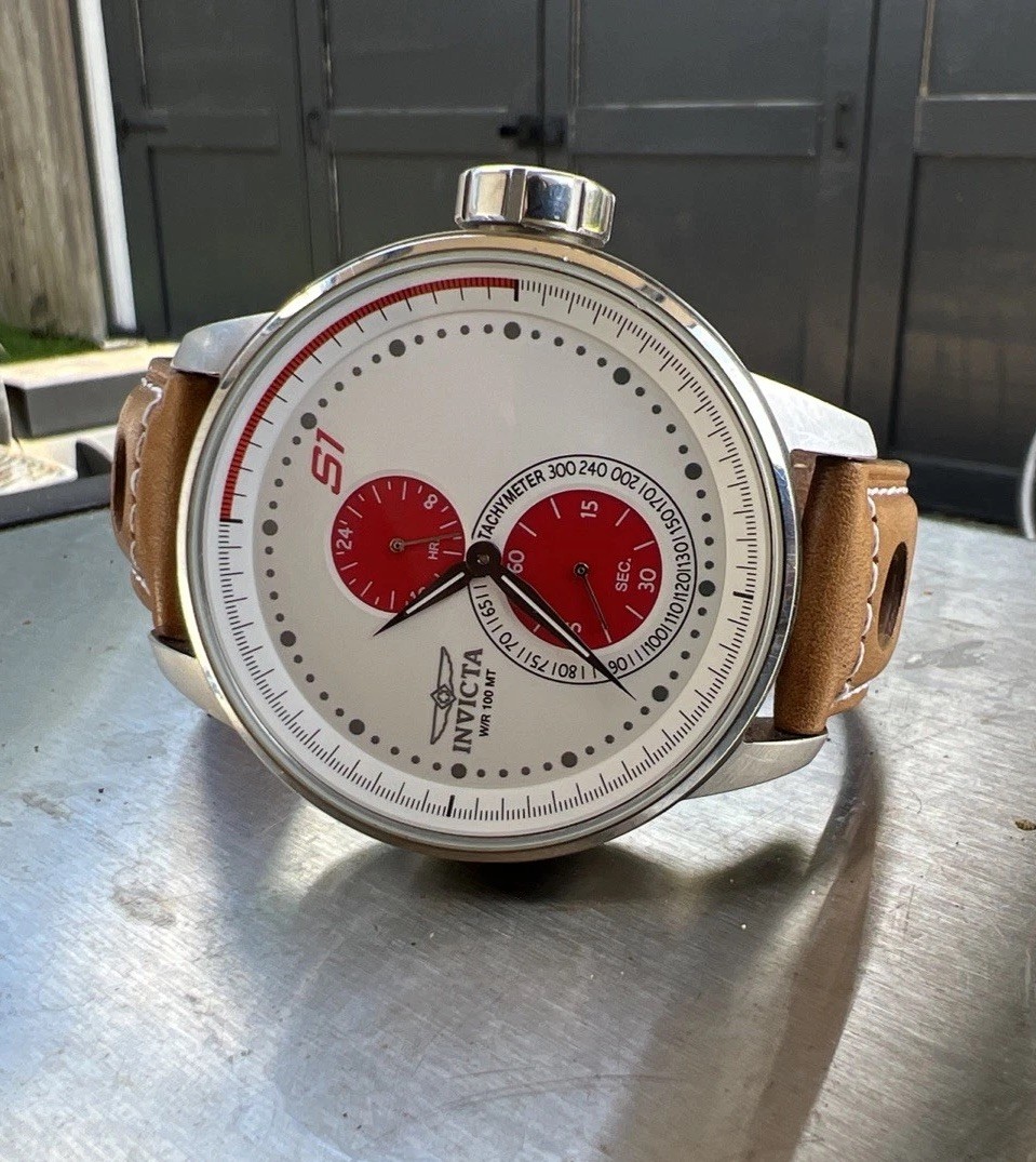 Invicta 16018 S1 Rally 48mm, 24hour, sub second, White Red Dial Tan band It Runs