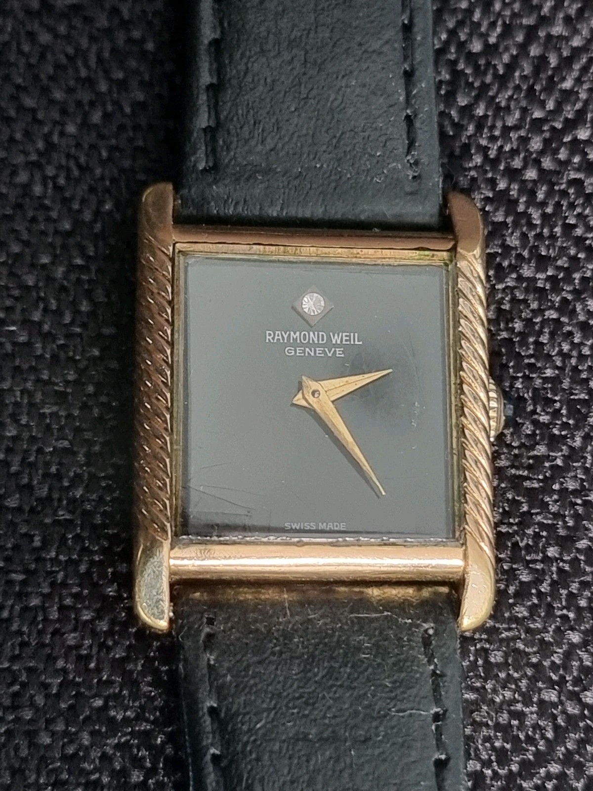 RAYMOND WEIL 651 MENS TANK WATCH BLACK & GOLD DIAL MANUAL WIND AND LEATHER STRAP