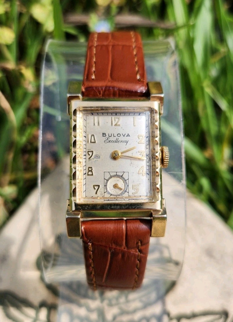 Vtg 1949 Bulova Excellency *SERVICED* Men’s 23mm Tank Watch 7AA Mechanical 10KGF