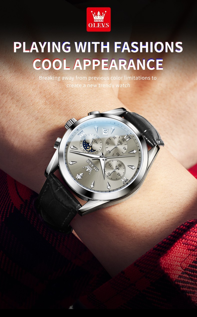 OLEVS 3609 Luminous Night Light Three Dial Japan Movement Leather Quartz Watch