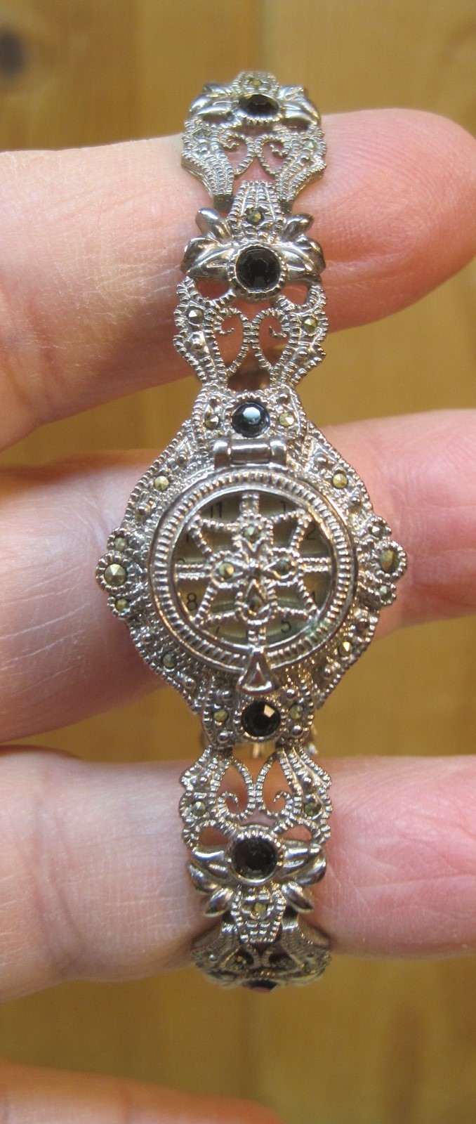 EKO Peek-A-Boo Hidden Face Watch – Marcasite & Onyx B8562
