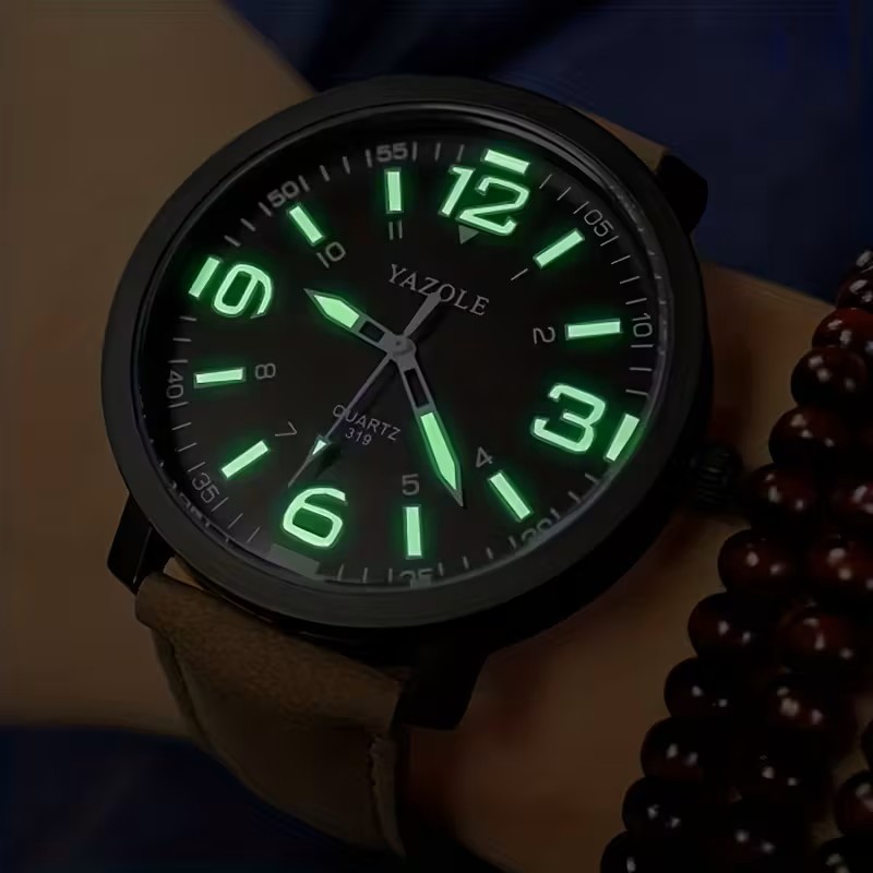 Military Style Watch Luminous Glow Dial Quartz Analog Black Dial, Brown Strap