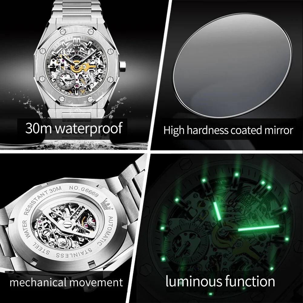 Automatic Mechanical Waterproof Luxury OLEVS Watch Men Skeleton Men’s Strap