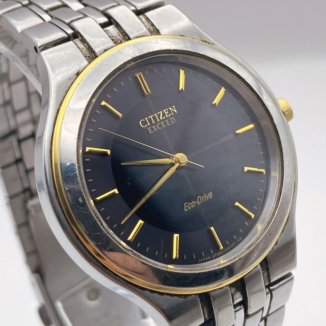 CITIZEN EXCEED Eco-Drive, working condition, A730, black x gold, W3D2 【USED】
