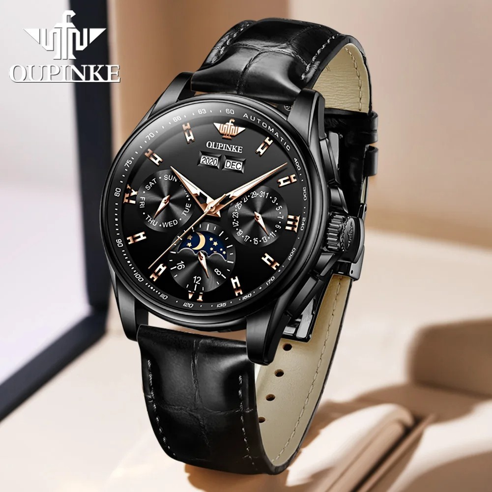 Automatic Mechanical Watch Waterproof Moon Phase Luxury Men Men’s Strap