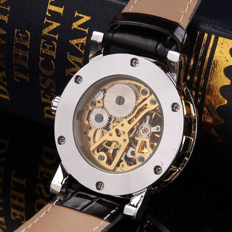 Men Classic Transparent Steampunk Skeleton Mechanical Stainless Steel Watch New