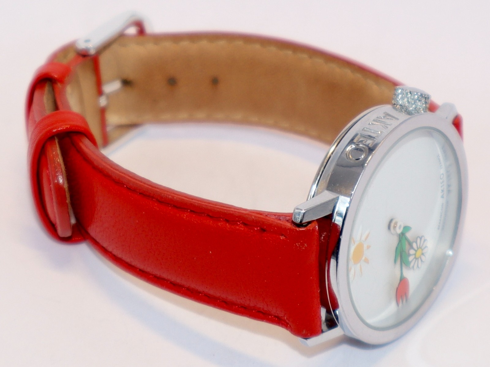 Akteo J.C. Mareschal Flower Theme Watch Flowers & Sunshine Red Leather Band