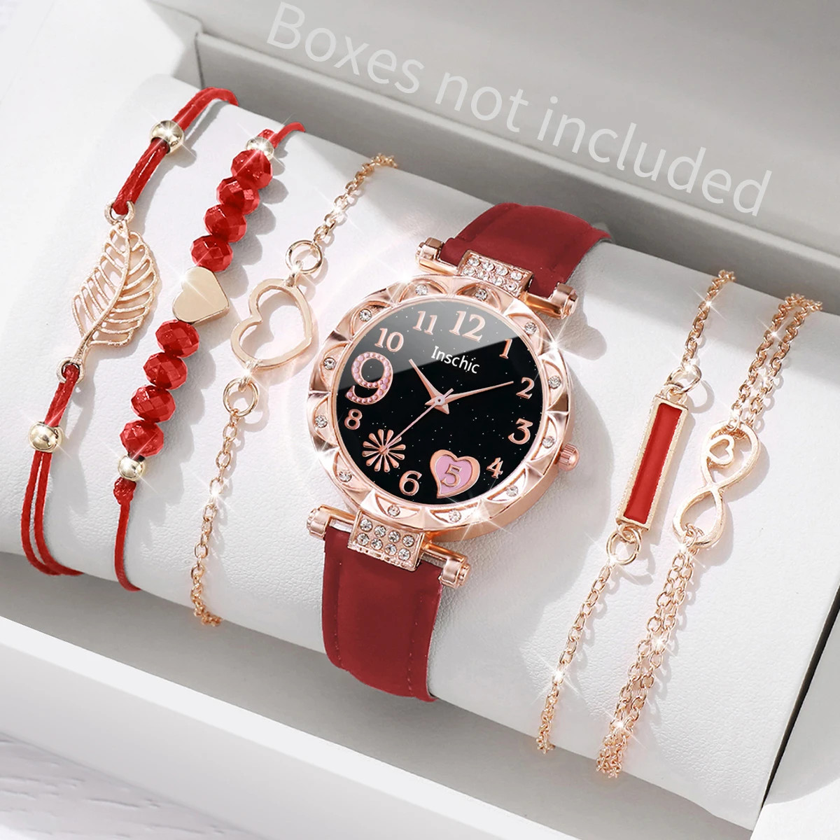 6PCS Women’s Heart Dial Quartz Watch Set Leather Band Leaf Bracelet Fashion