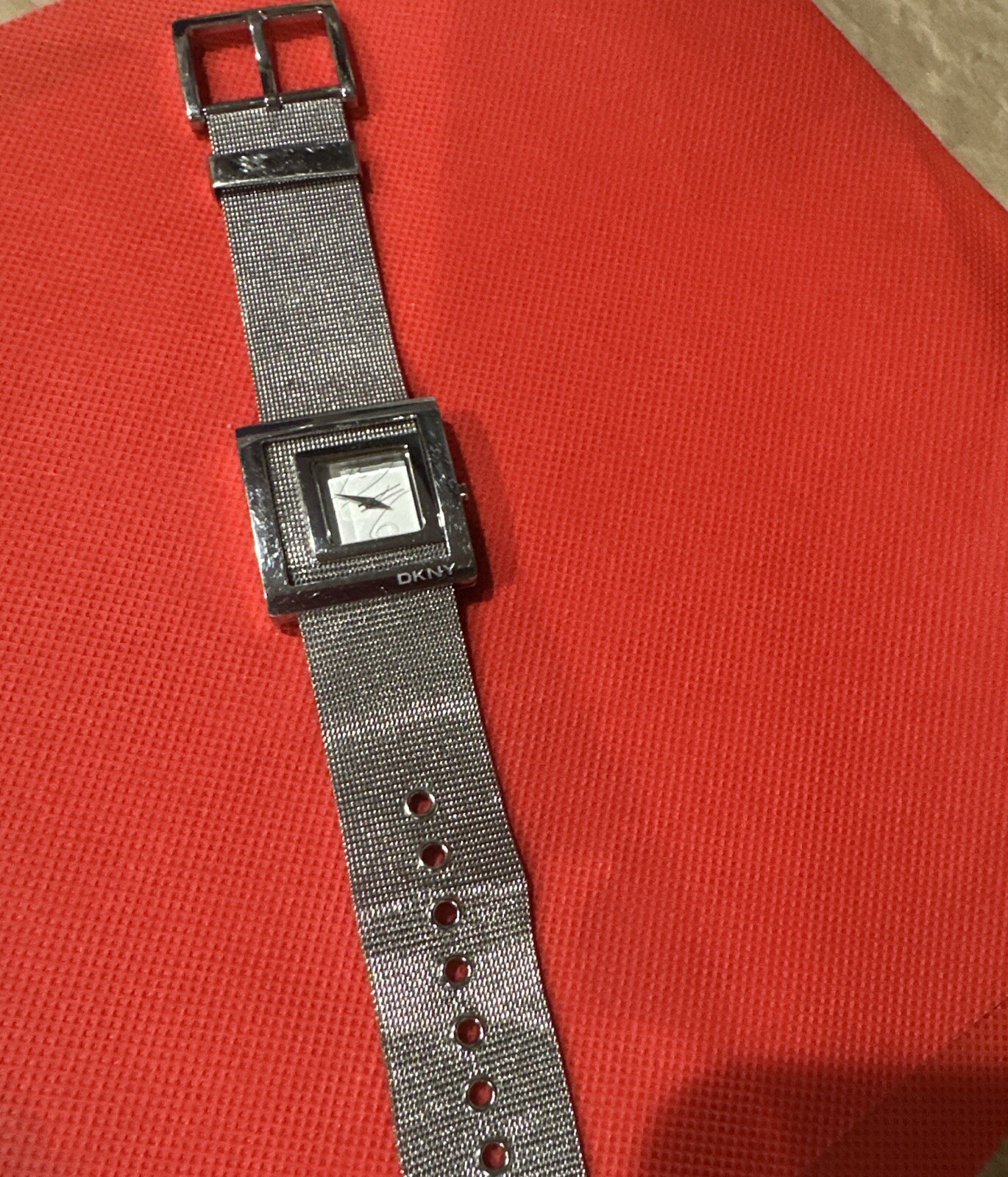 *Working* DKNY Double Square Watch Stainless Steel Silver Mesh Fancy Bracelet