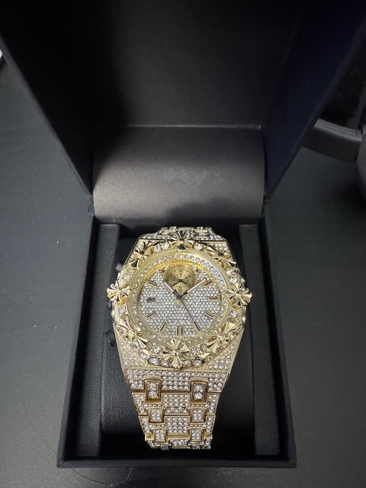 Gold Tone Iced Out Analog Wristwatch, Gem-Set Bezel, Bracelet Band. Never worn.