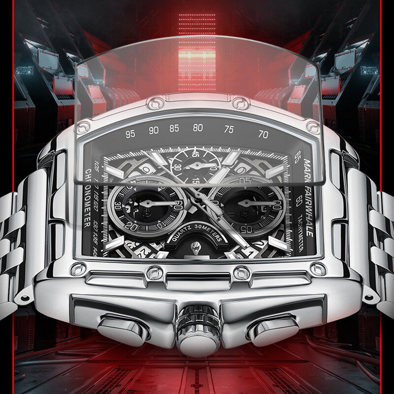 MARK FAIRWHALE Tonneau Multifunction Chronograph Calendar Luminous Quartz Watch