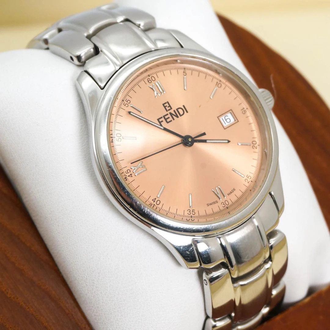 FENDI 210G Mens Round 34mm Stainless Steel Salmon Pink Quartz Date Watch
