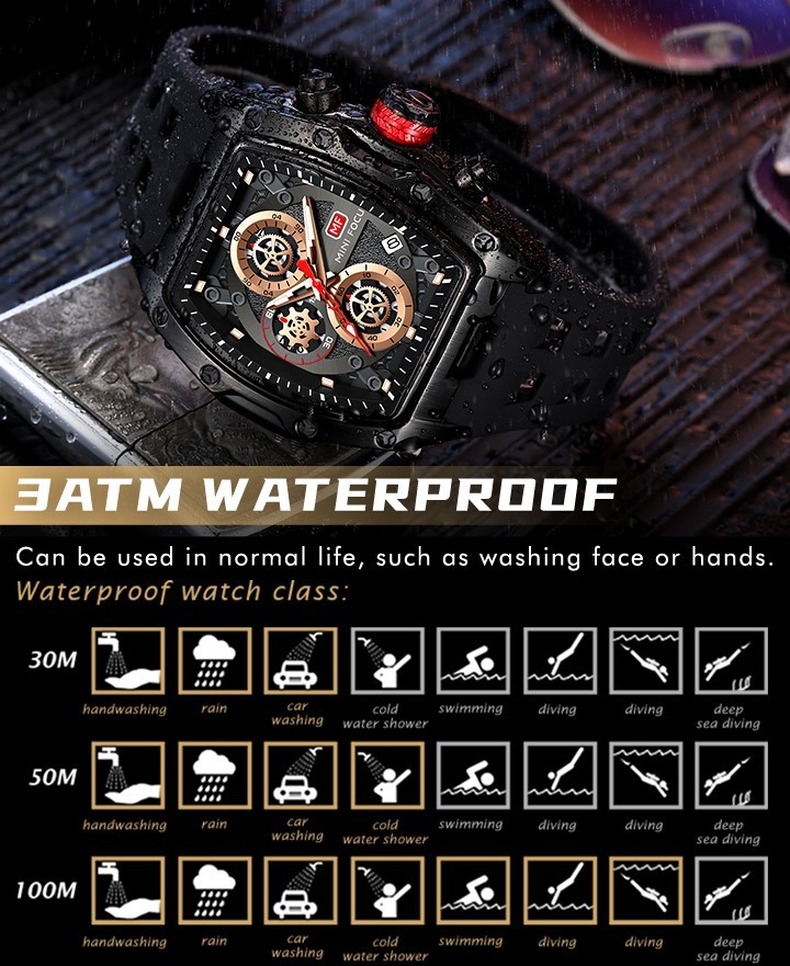MINI FOCUS Men Tonneau Skeleton Multifunction Chronograph Calendar Quartz Watch