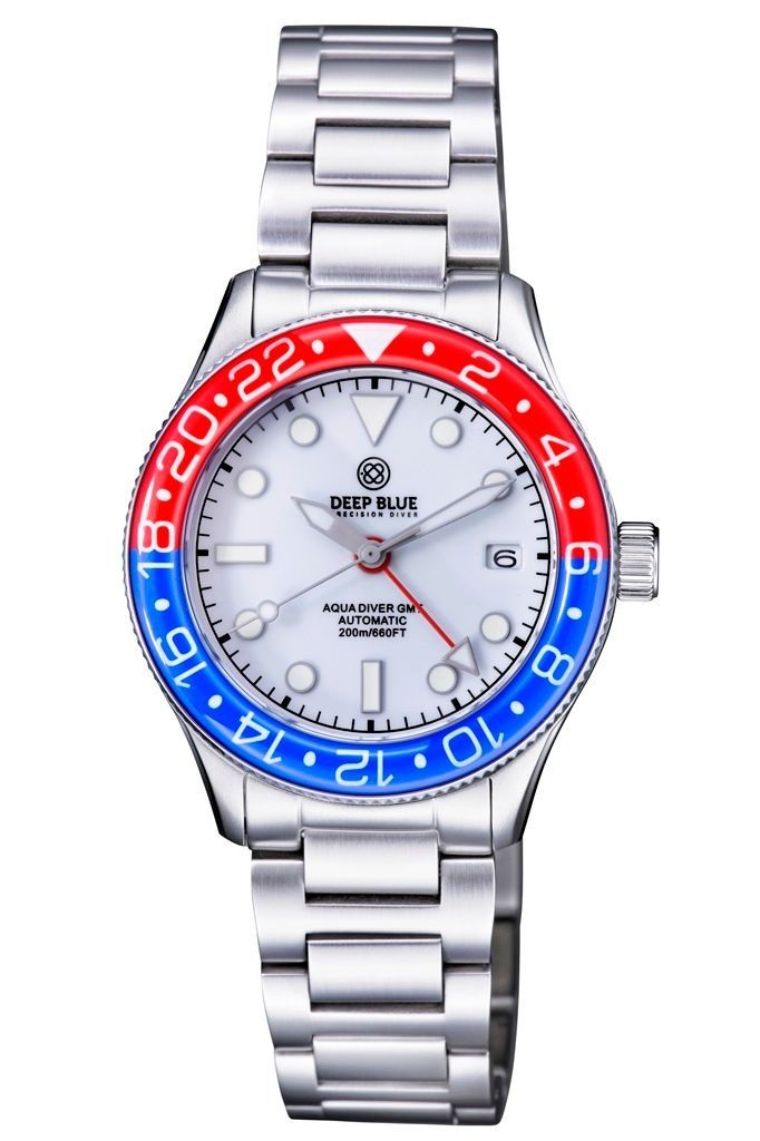 Deep Blue AQUA DIVER GMT AUTOMATIC 40MM RED/BLUE BEZEL WHITE DIAL NEW