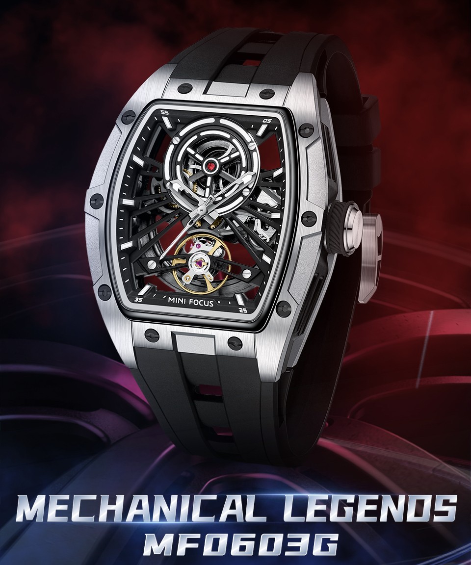 MINI FOCUS Men’s Tonneau Skeleton Flywheel Silicone Automatic Mechanical Watch