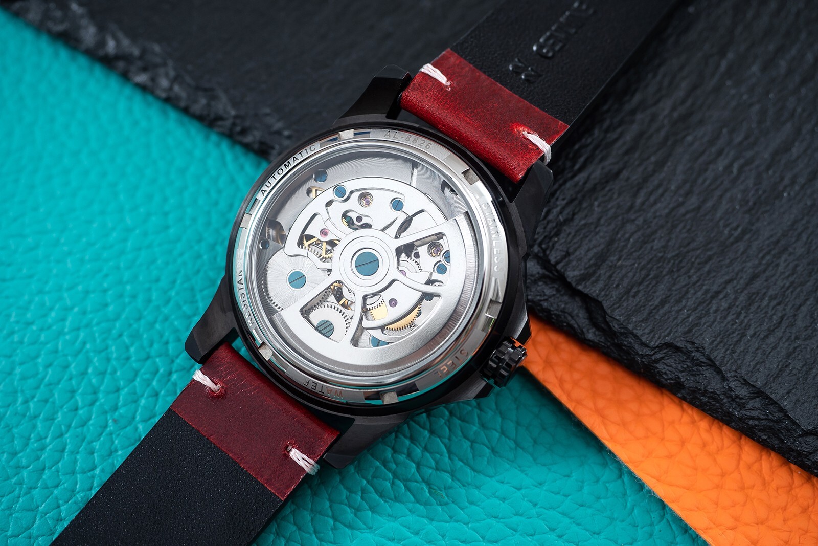 Mens Black Double Flywheel Automatic Mechanical Watch Oil Waxed Dark Red Leather