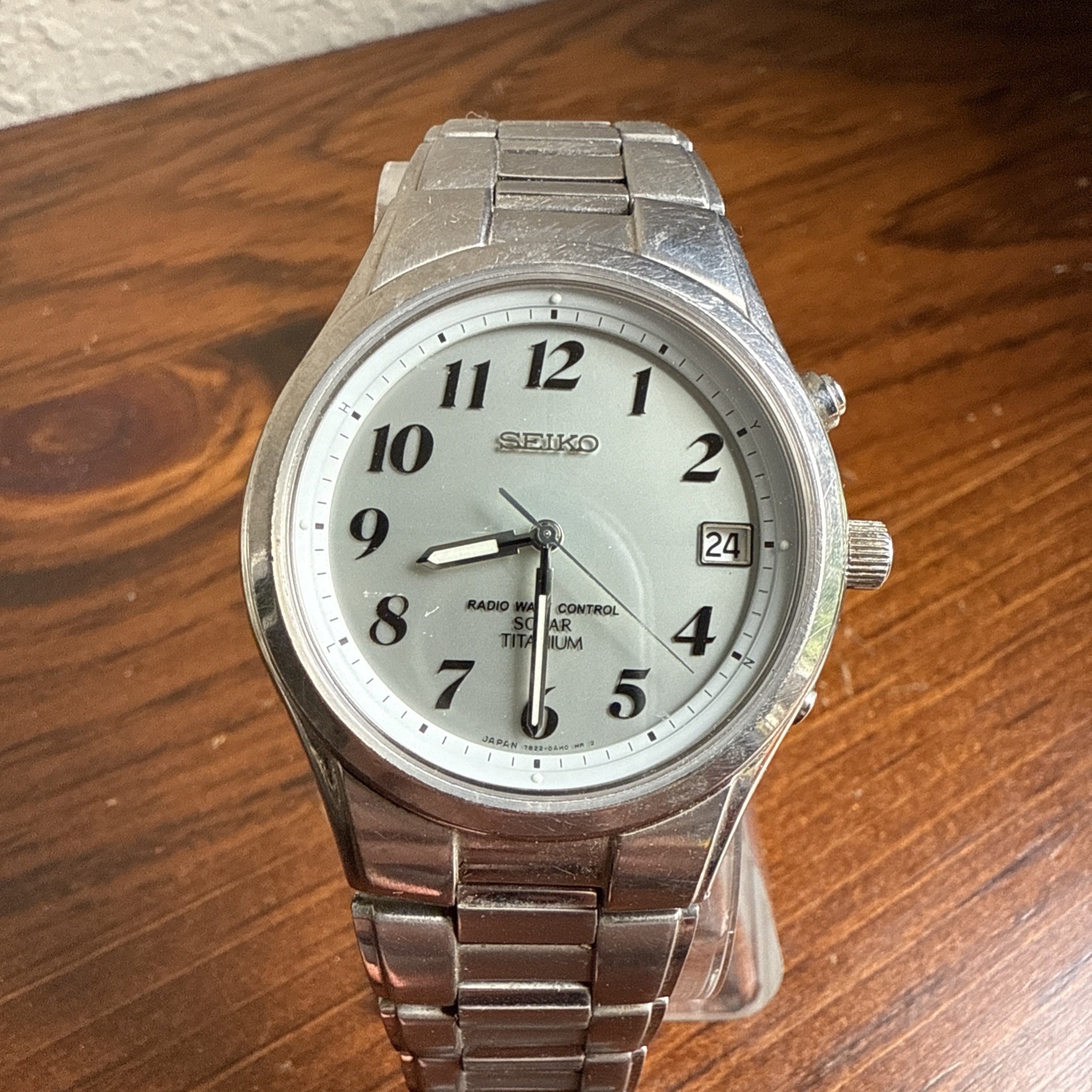 Seiko Solar Watch Men 38mm Silver Dial Titanium Date Atomic 7B22-0AD0 Runs