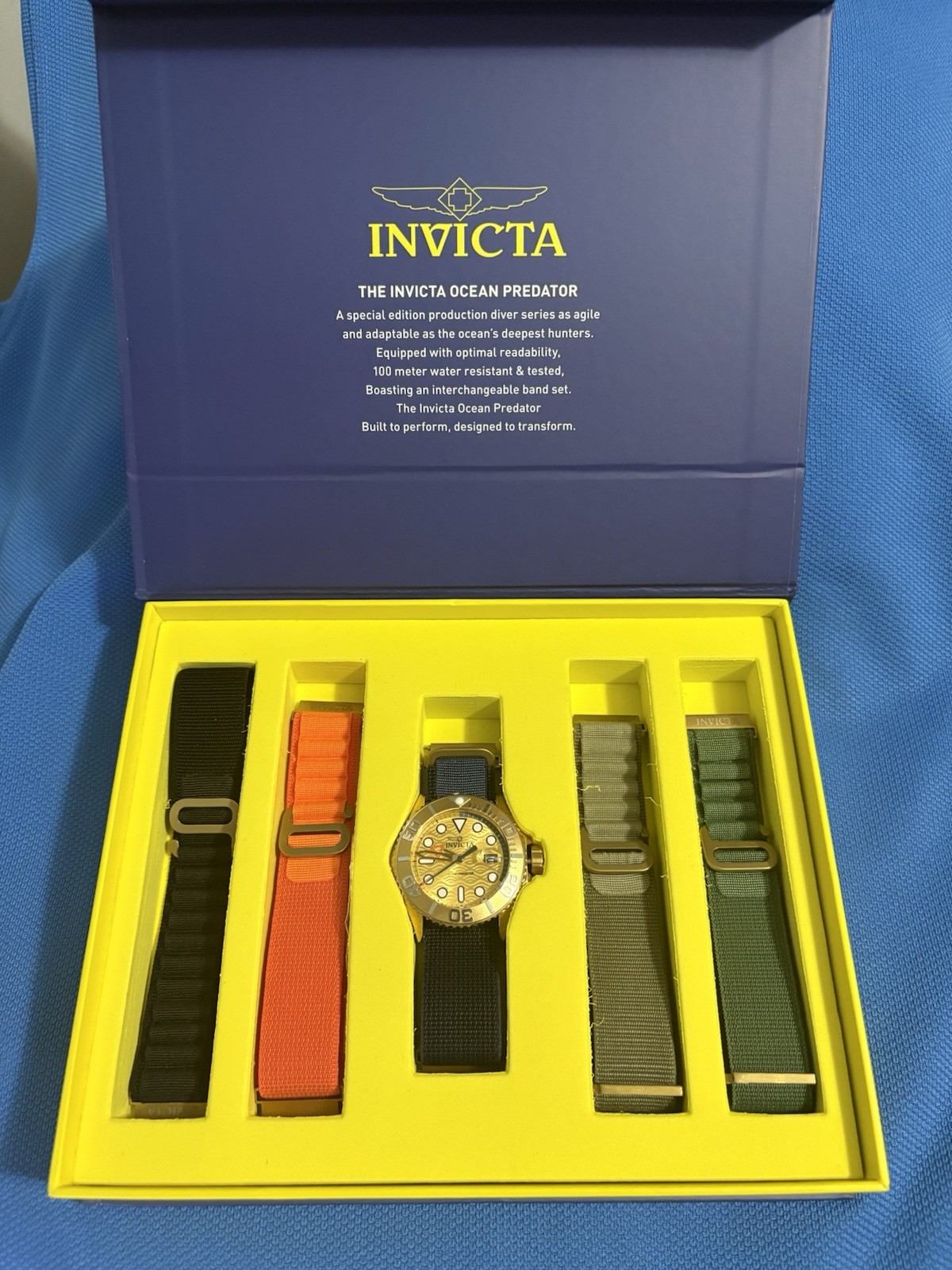 Invicta Ocean Predator Men’s Quartz Diver 100m Gold Dial Blue Nylon Strap Set