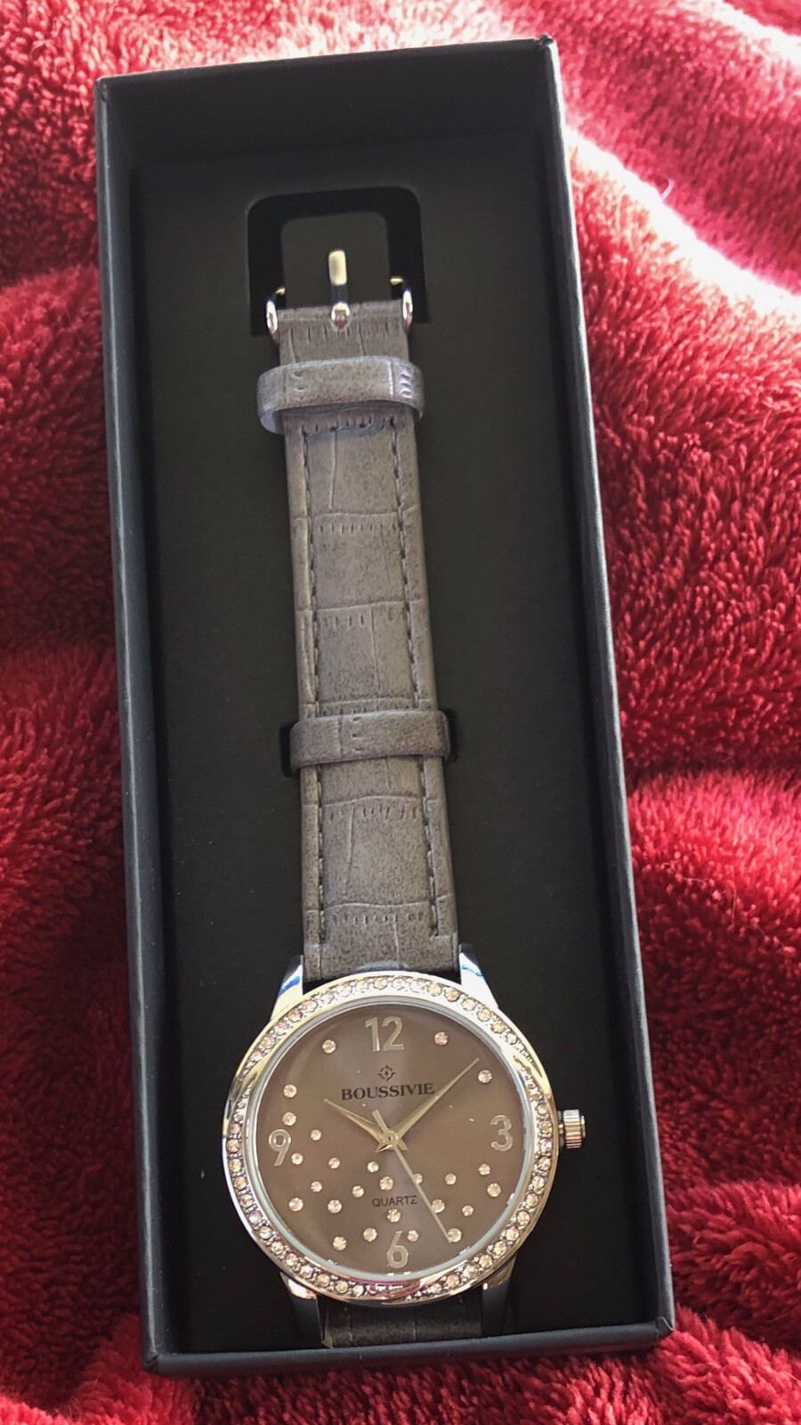 AVON Boussivie Grey Croc Faux Strap 9 1/4” L Pavé Watch Rhinestone Bezel 34mm