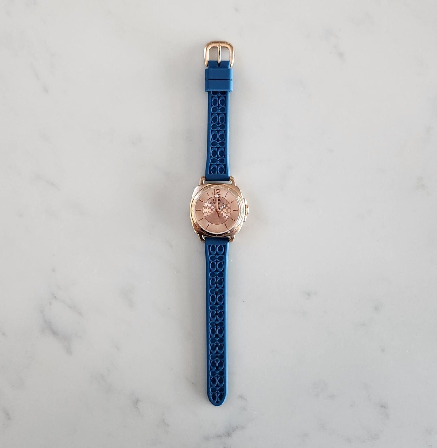 Coach Boyfriend Women’s Quartz Analog Watch Blue Silicone Strap Rose Gold Case
