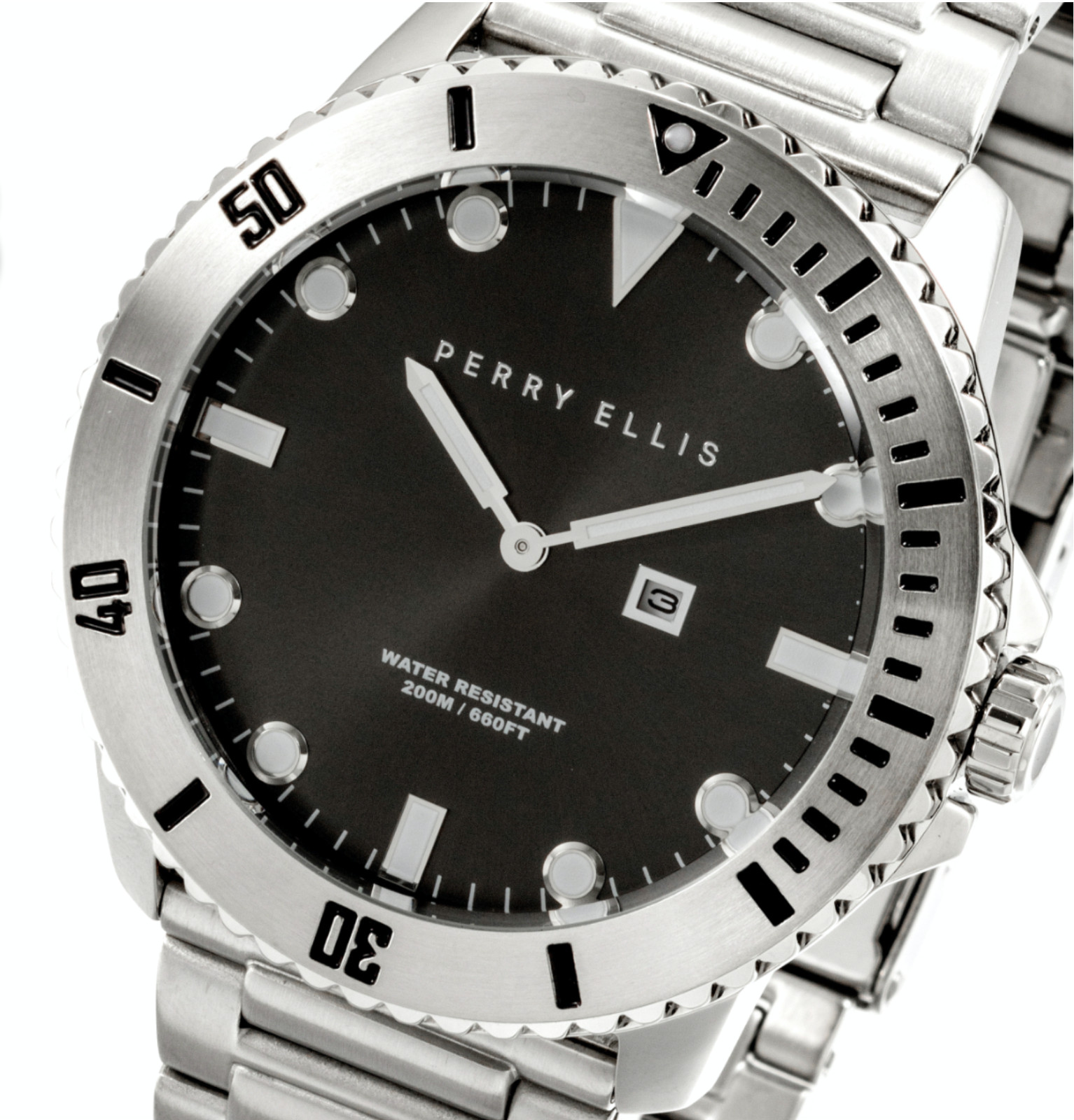 Perry Ellis Watch 02001-02 Deep Diver Quartz 46 mm Case Men’s Silver 20ATM 200m.