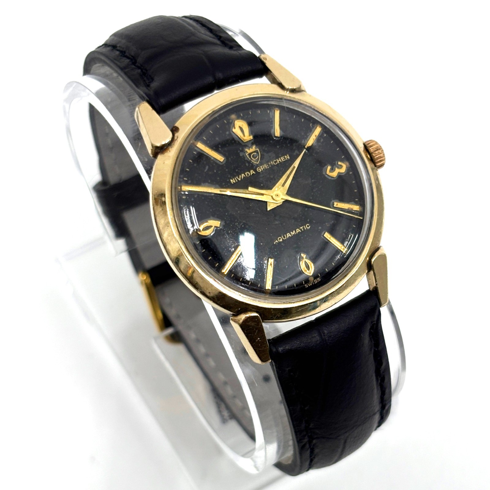 Vintage 1962 Nivada Grenchen Aquamatic Swiss 33mm Black Patina Dial 10K RGP Runs