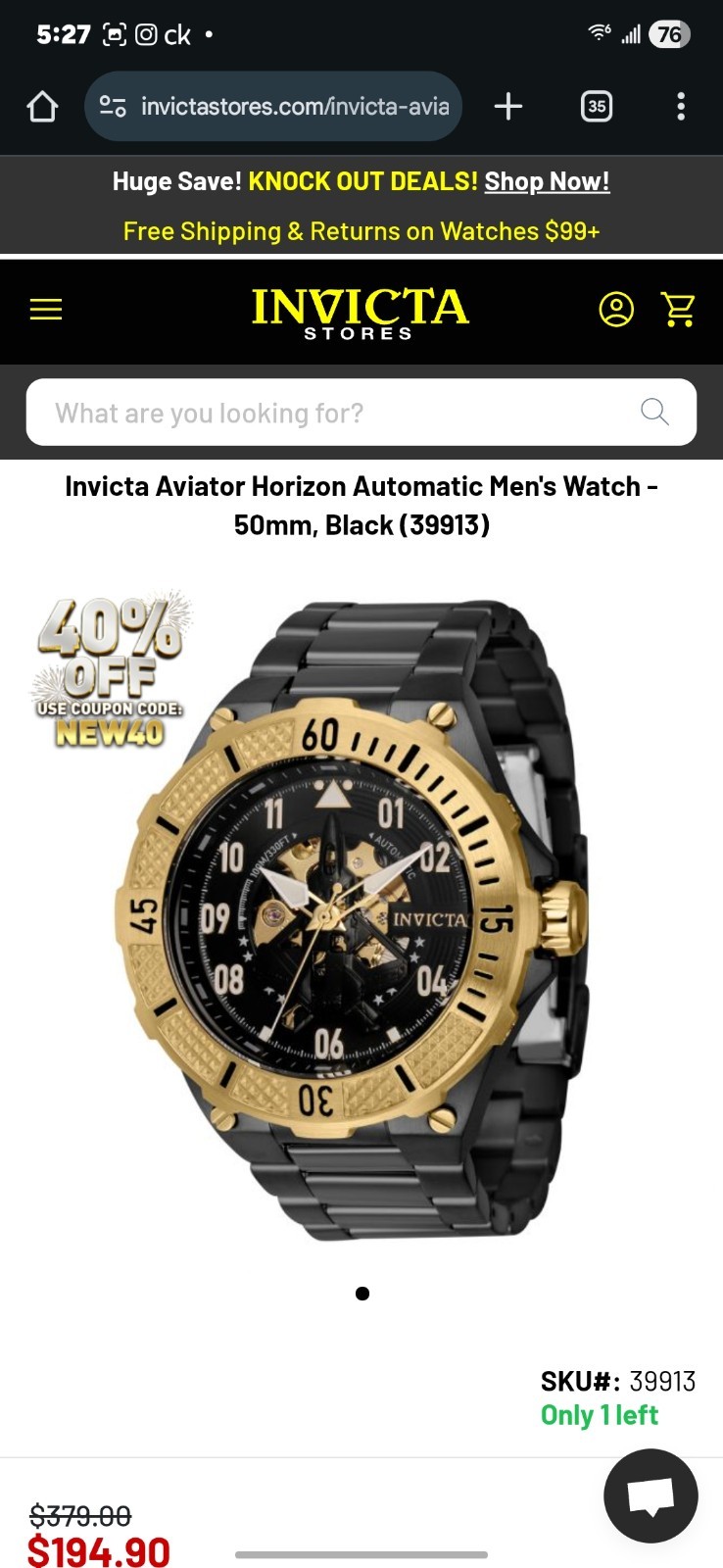 Invicta Aviator Automatic Watch Gold Black Stainless Steel 39913