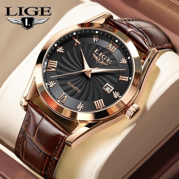 LIGE Men’s Watch Leather Watches Waterproof Luminous Quartz Date Man Wristwatch