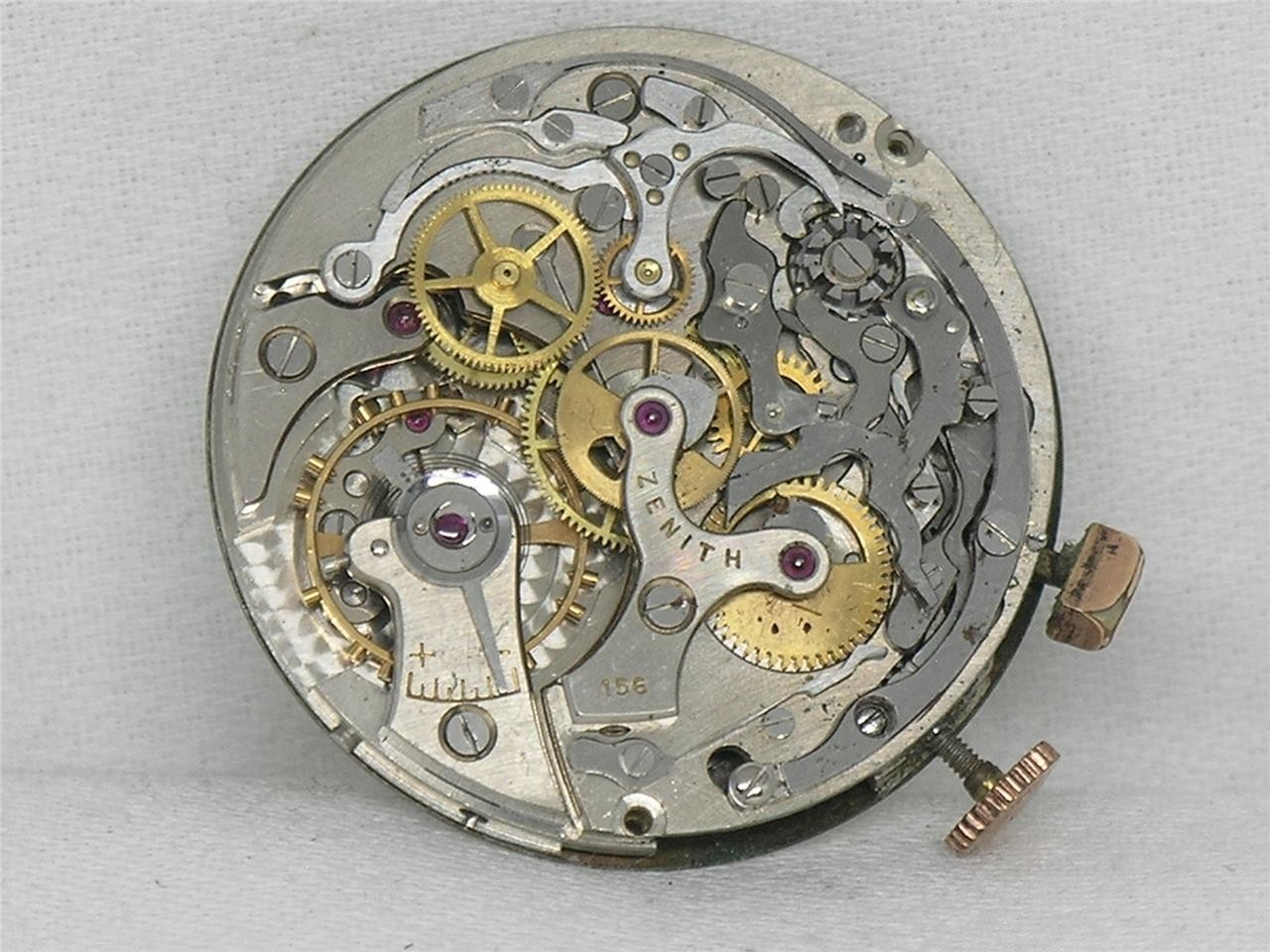 VINTAGE ZENITH 156 NICKEL 17 JEWEL 2 REGISTER CHRONOGRAPH MOVEMENT & DIAL, RUNS