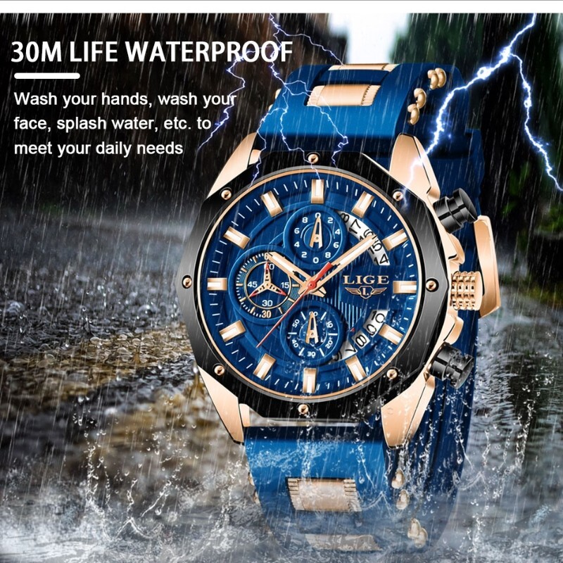 LIGE Men Watch Quartz Date Luminous Chronograph Waterproof Sport Wristwatch Gift