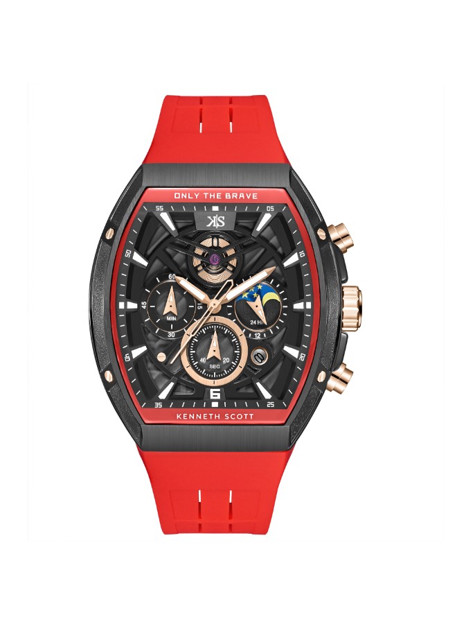 Kenneth Scott Men’s Chronograph Watch | Black Dial, Red Band, 44mm, 30 m (3 ATM)