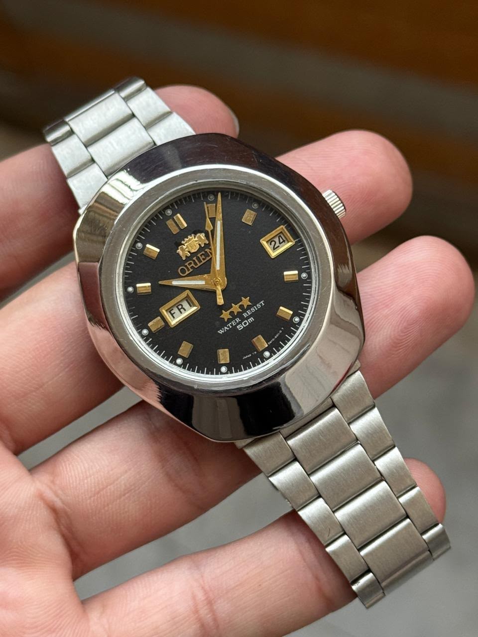 Vintage Orient 3 Star Day Date Black Dial Stainless Steel Men’s Watch