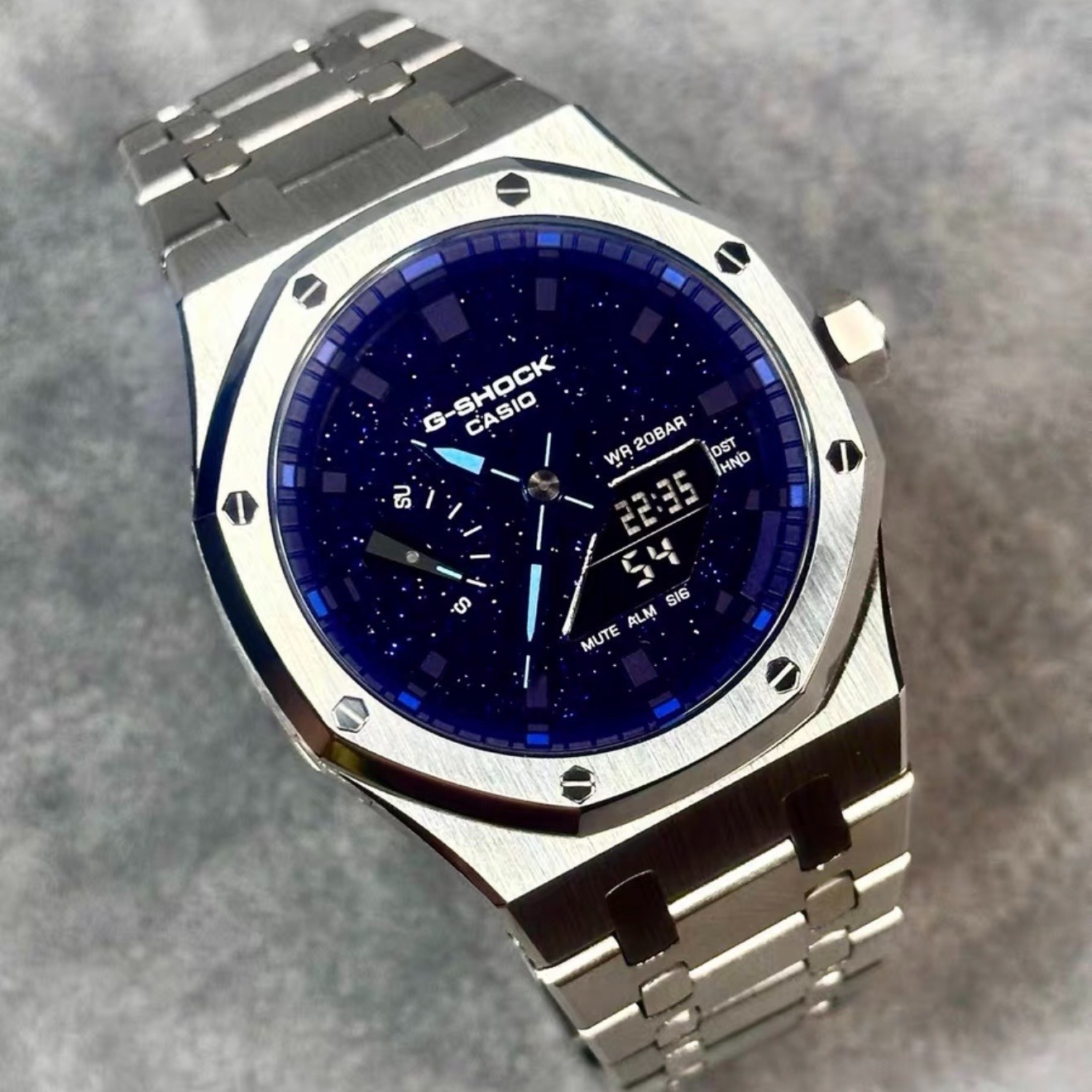 Custom Casio GA-2100 CasiOak Mod Silver Steel Band Blue Star Dial Watch Sapphire