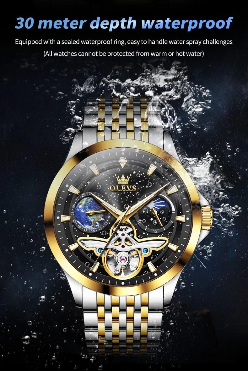 Automatic Mechanical Waterproof OLEVS Luxury Watch Men Moon Phase Mens Strap