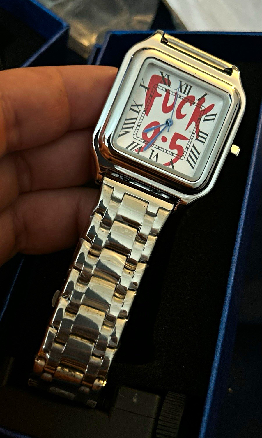 Square Analog Wristwatch Silver Stainless Steel Bracelet White/Red Roman Dial