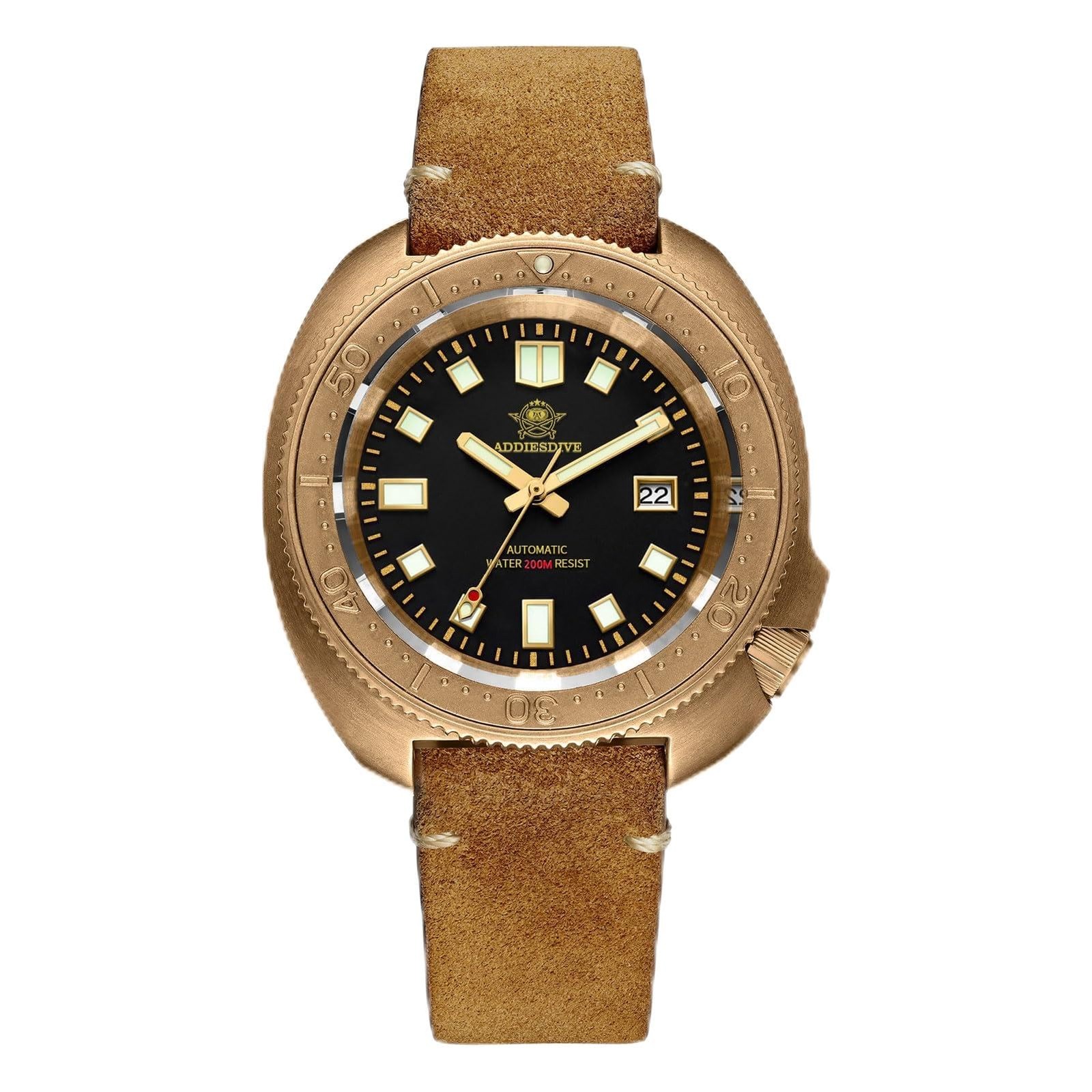 Men’s Vintage Bronze Dive Watch 200M Waterproof with Suede Leather Strap