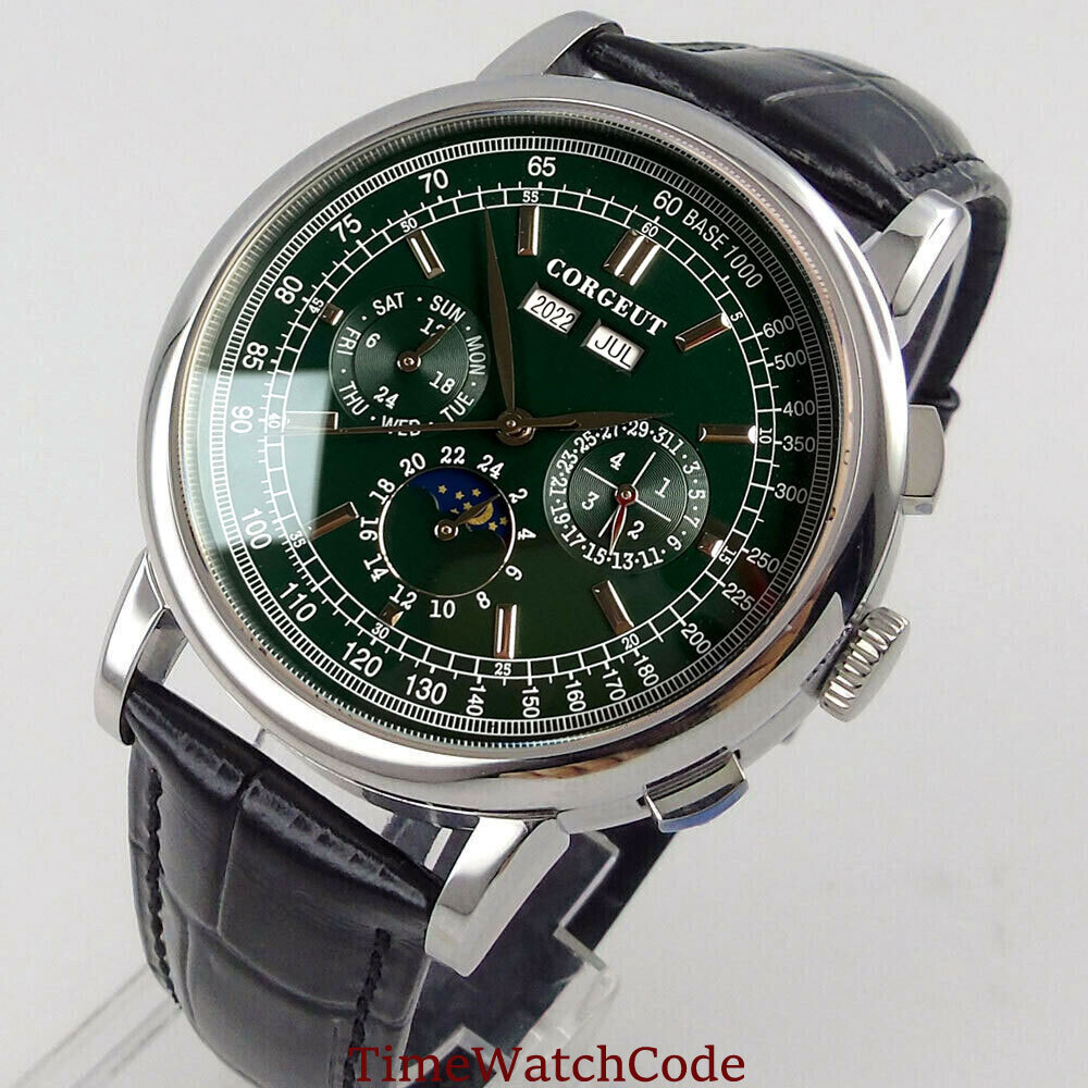 Corgeut 42mm Automatic Mens Watch Day/Date Month Year Day/Night Multifunction